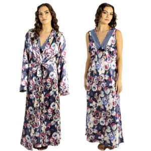Matching Blue Floral Satin Lace Full Length Nightdress Nightie Wrap Kimono 22 24