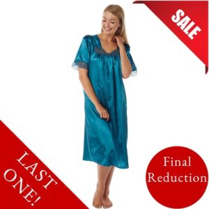 Teal Blue Satin & Lace Short Sleeve Nightdress Nightie Nightshirt Size 24 26