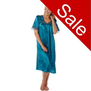 Teal Blue Satin & Lace Short Sleeve Nightdress Nightie Nightshirt Size 24 26