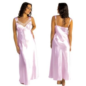 Long Full Length Pink Sexy Silky Satin Fitted Lace Chest Chemise Nighty Size 24