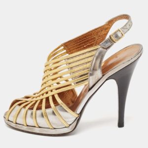 Roberto Cavalli SilverGold Leather Strappy Slingback Sandals Size 37.5