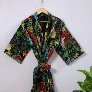 Vintage farida Printed  Indian Kantha Kimono Nightwear Kimono Bathrobe Gown