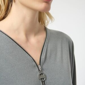 Joseph Ribkoff 253205 Grey Melange Top With Zipper Detail Original Price £175.00