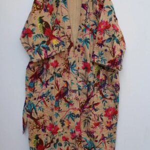 Indian Cotton Kantha Quilt Bird Print Long Kimono Bath Robe Nightwear Gown