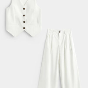 Women’s Semi Formal Linen Blend Vest Top & Wide Leg Pant 2 Pieces Co-Ord Set