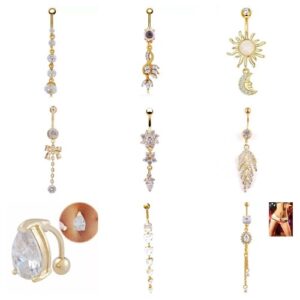 Belly Bars Gold Button Piercing Bar Dangle Navel Body Jewellery Gem Ring Gift