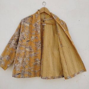 Indian Handmade Kantha Quilt Short Jacket Kimono Women Wear Yellow Color Jacket