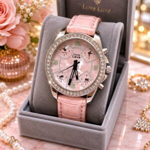 Love Love Ladies Pink Faux Leather Strap Watch Crystal Bezel Multi Dial Boxed