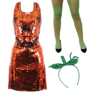 LADIES SEQUIN PUMPKIN DRESS HALLOWEEN COSTUME PARTY SEXY ADULTS FANCY DRESS