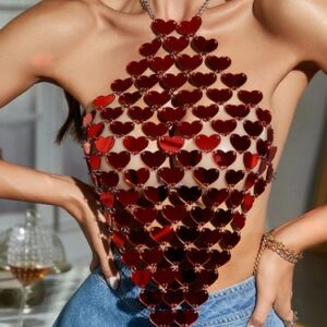 Women Sexy Rave Body Chain Crop Top Acrylic Red Heart Sequins Y2K Party Club