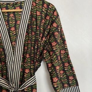 Indian Black Floral Striped Kimono Cotton Bridal Bath Robes Maxi Night Gown US