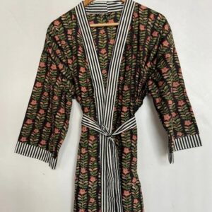 Indian Black Floral Striped Kimono Cotton Bridal Bath Robes Maxi Night Gown US