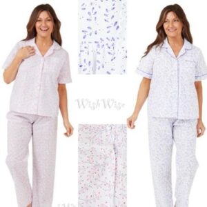 LADIES MARLON NIGHTWEAR SWIRL LEAF DESIGN SHORT SLEEVE POLYCOTTON PYJAMA SET