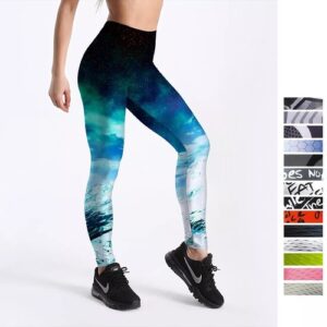 Womens Printed Leggings Ladies Gym Pants Sports Running Yoga Galaxy Blue Fitness