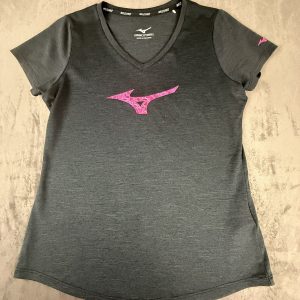 Mizuno Womens T-Shirt Medium Dark Grey Pink Logo Polyester V Neck Sport Running
