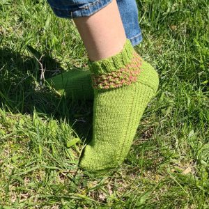 Green Wool House Socks with Pink Stripes