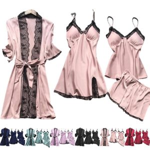 Pajamas Set Nightdress With Breast Pad Women’s 4PCS Home Clothes Lace Dress