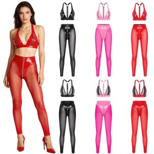 Women Sets Sexy Streetwear Leggings Outfits Mesh PU Festivals Leather Rave Cups
