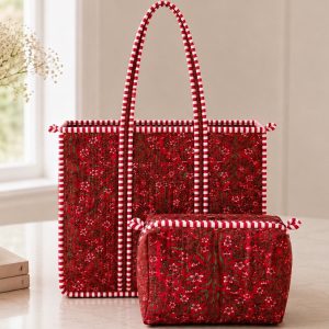 Handmade Floral Mini Tote Bag & large Makeup  Pouch Set | Cotton Gift for Women