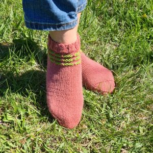 Pink Wool House Socks with Green Stripes
