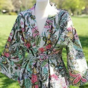 Indian White Floral Cotton Kimono Sleepwear Kantha Night Suit Kimono Robes US
