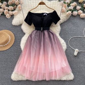 Women Gradient Color Off Shoulder Mesh Dress Belted Fairy Prom Princess Party