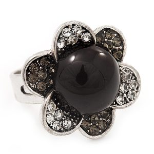Daisy Flower Diamante Fancy Ring In Burn Silver Metal