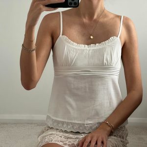 white ruffle lace hem spaghetti strap cami tank summer vintage y2k style top