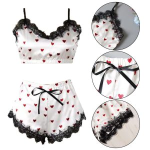 Sexy Lace Trimmed Sleepwear Set Women’s Love Print Pajama Set (Size S XL)
