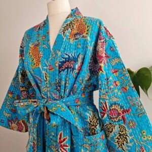 Indian Turquoise Cotton Robe Kimono Sleepwear Kantha Quilted Night Suit Kimonos