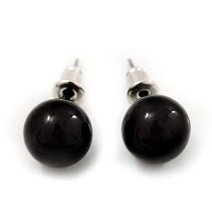 9mm Black Acrylic Stud Earrings In Silver Tone