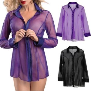 Robe Lingerie Sleepwear Mesh Sleeve Breathable Womens See Sexy Shirt Nightwear