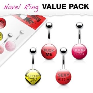 4 Pack Rude Word Clear Epoxy Surgical Steel Belly Bars Navel Rings Piercings