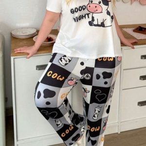 PYJAMA SET PLUS 18 20 WHITE BLACK CUTE COW CHECK  STRETCH LOUNGEWEAR COMFORT