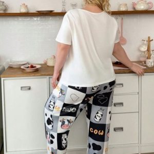PYJAMA SET PLUS 18 20 WHITE BLACK CUTE COW CHECK  STRETCH LOUNGEWEAR COMFORT