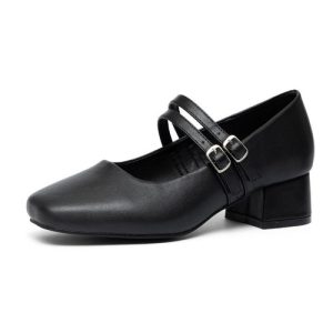 Double Buckle Mary Jane Block Heel Shoes Ladies Office Formal Pumps