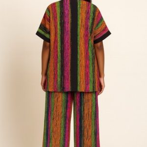 Women’s Multicolor Striped Two-Piece Set – Open Front Kimono Jacket & Pants
