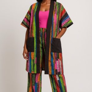 Women’s Multicolor Striped Two-Piece Set – Open Front Kimono Jacket & Pants