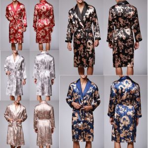 Mens Satin Silk Pajamas Kimono Bathrobe Robe Dressing Gown Sleepwear Loungewear