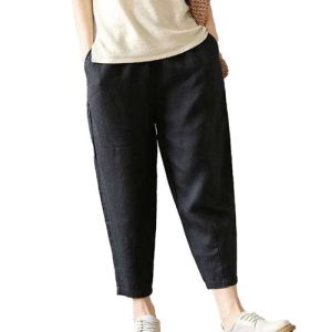 Stylish ElFor astic WFor aist Cotton Linen PFor ants for Women Dress Up or Down