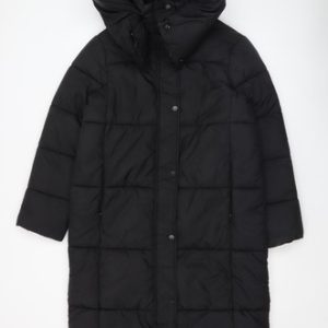 Primark Womens Black Long Puffer Coat XS Hooded Quilted Winter Jacket