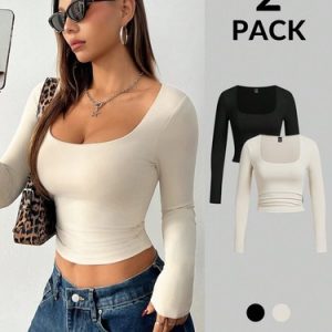 SHEIN PETITE Generous Square Neck Waist T-Shirt Two-Piece Set
