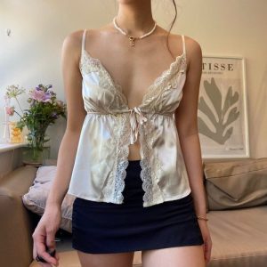 navy blue satin lace hem vintage y2k style v neck tie front bow cami tank top