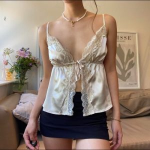 navy blue satin lace hem vintage y2k style v neck tie front bow cami tank top