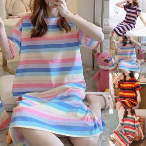 Casual Womens Stripes Sleepwear for Cozy Loose Fit Short Sleeve Nightdress