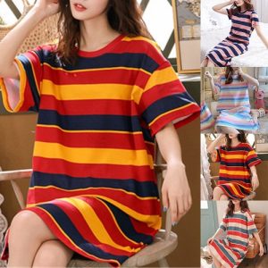 Casual Womens Stripes Sleepwear for Cozy Loose Fit Short Sleeve Nightdress
