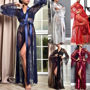 Women Sexy Lace Lingerie Night Dress Kimono Bathrobe See Through Nightwear Gown