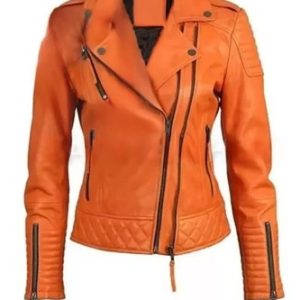 Women Jacket Orange Handmade Leather Genuine Lambskin Stylish Casual Soft Biker