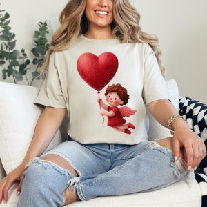Cute Cupid Heart Balloon Womens Ring-Spun T-Shirt Valentines Love Gift For Her