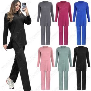 LADIES RIB KNIT LONG TOP FLARED TROUSERS SET WOMEN LOUNGEWEAR PANTS SUIT 6-14